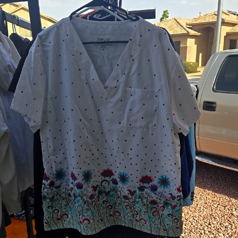 White Floral V-Neck Top with Colorful Accents Scrubs Top
